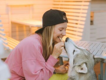 Young woman joyfully bonding with her Siberian Husky outdoors, sharing a treat.