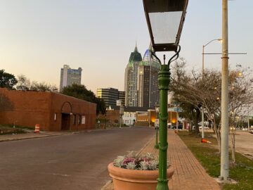 A lamp post with a potted plant on the side of it