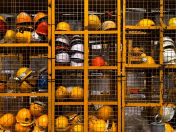 a rack filled with lots of yellow hard hats